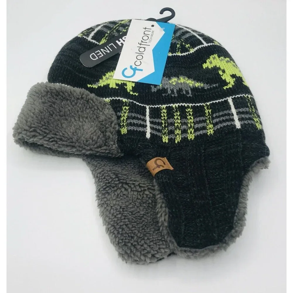 Cold Front Beanie Hat Boys Size 4-7 Dinosaur Faux Fur Gray Green‎ Ear Flap
